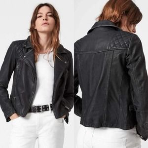 AllSaints Cargo Black Leather Quilted Biker Jacket